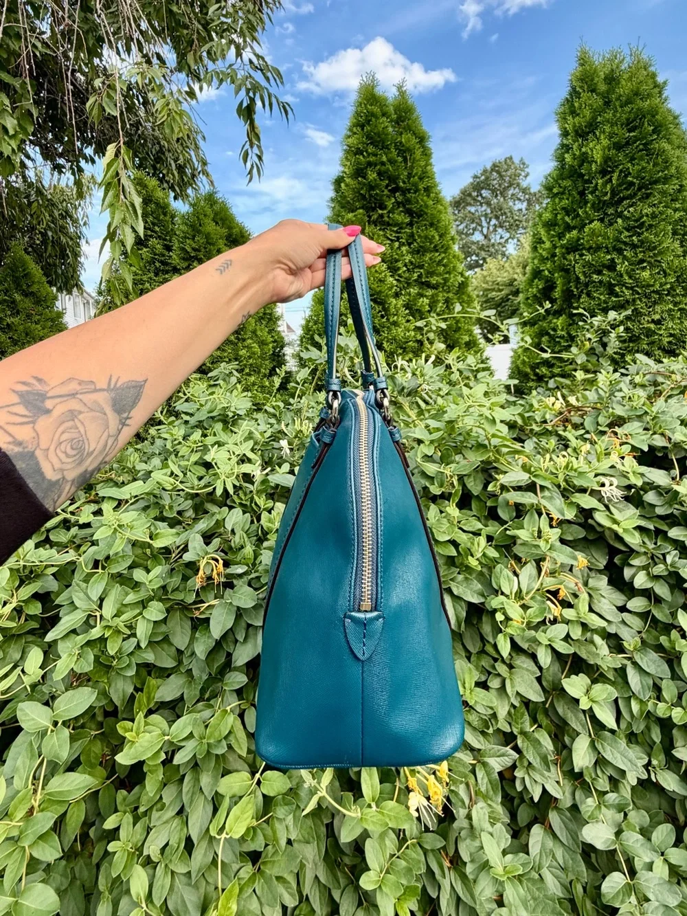 Coach Peyton Teal Blue Leather Satchel Shoulder Bag Dome Purse